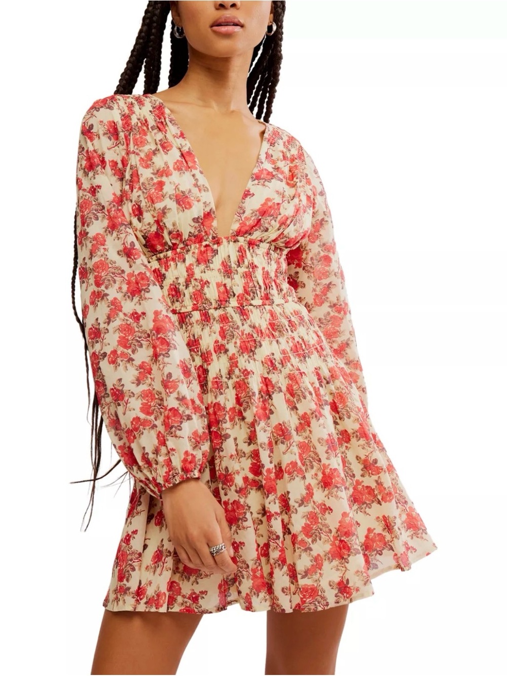 Free People Keep You Smocked Mini Dress Red Cream Floral V-Neck Boho XL NWT